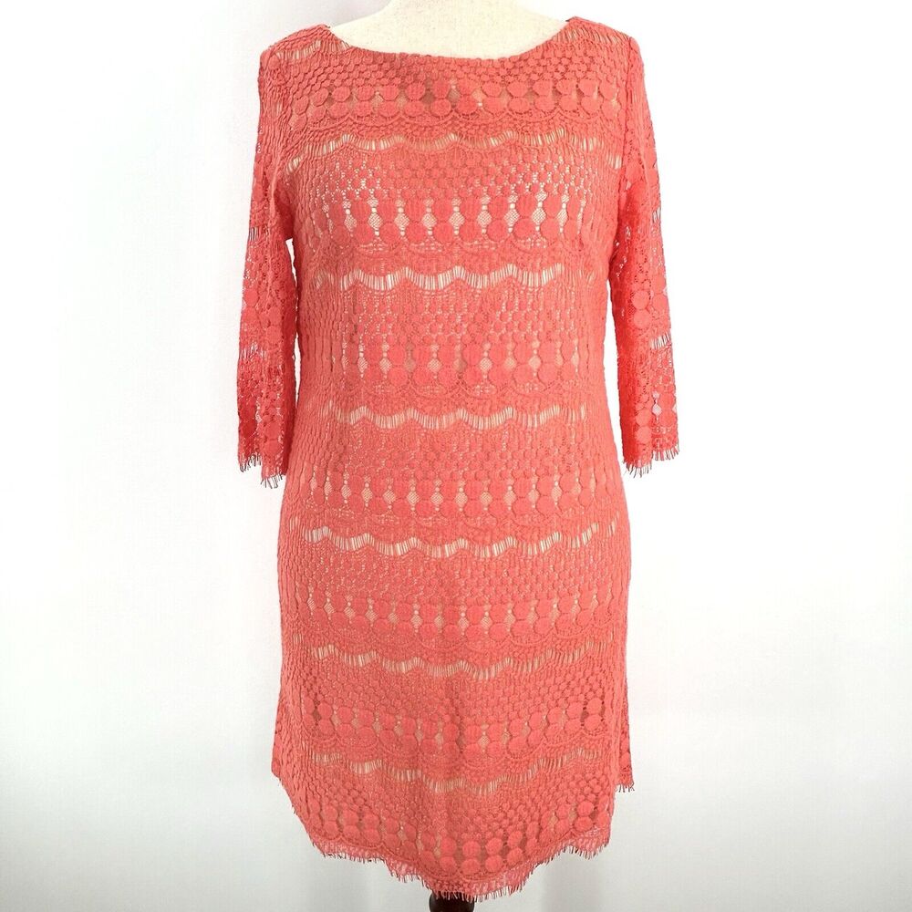 Jessica Howard Dress 16 Coral Midi Shift Lace Preppy Boho 3/4 Sleeve Career Work